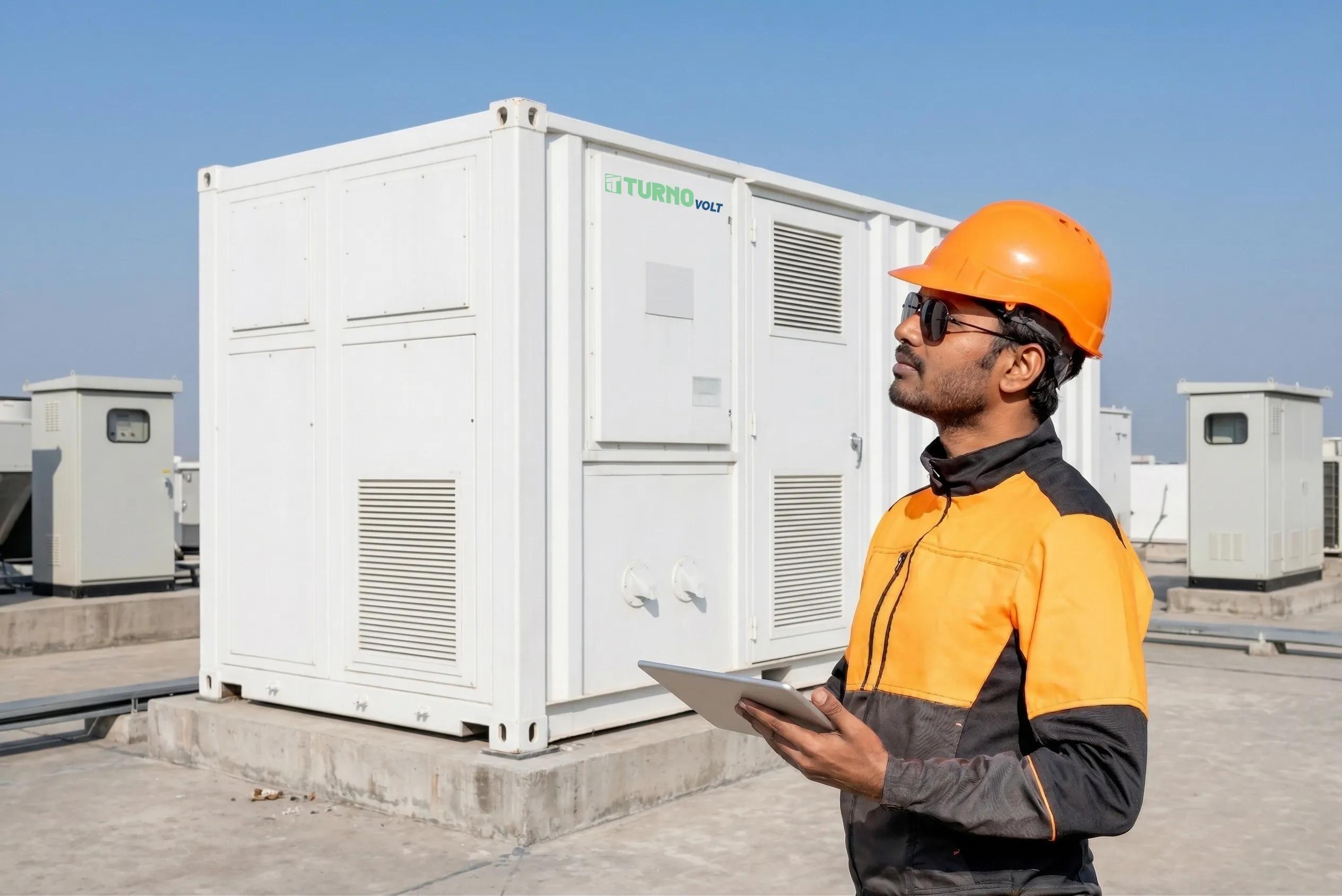 Technician installing battery energy storage system
